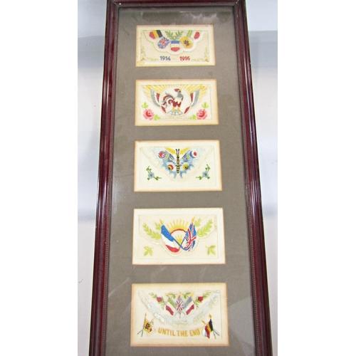 656 - Ten WWI embroidered silk post cards displayed in two glazed frames.