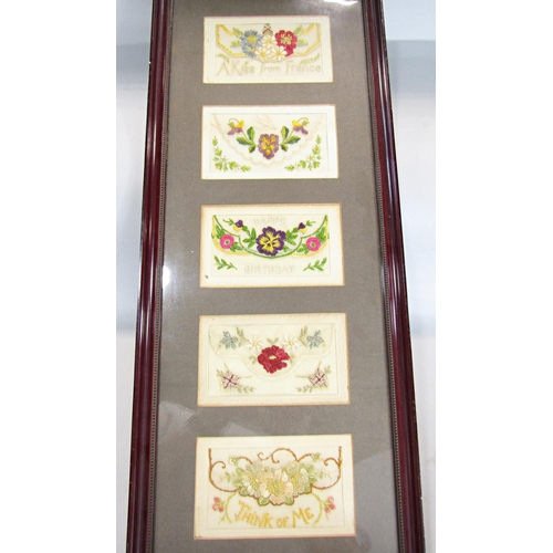 656 - Ten WWI embroidered silk post cards displayed in two glazed frames.