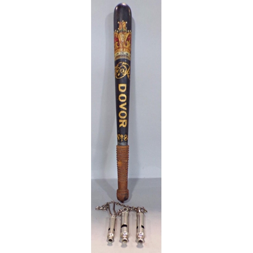 698 - A Victorian truncheon with painted crown and crest V R, DOVOR, No 85, 45cm long and three Metropolit... 