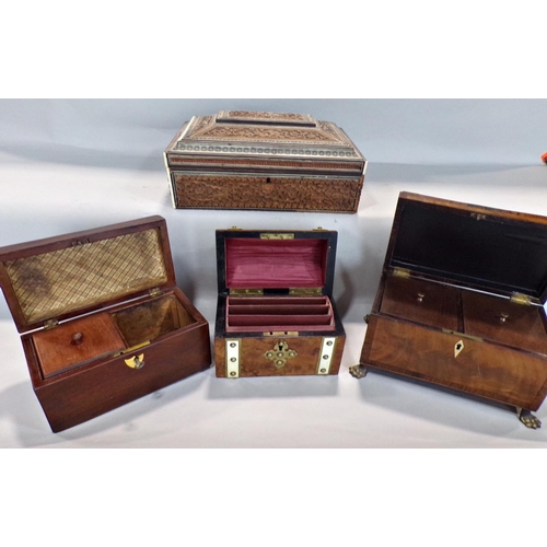 700 - A 19th century walnut and brass banded domed stationery box, a mahogany and rosewood beaded tea cadd... 