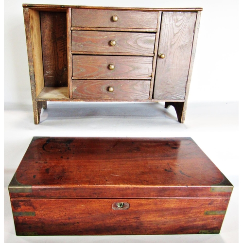 786 - A 19th century mahogany writing box (as found) and a crudely made small oak chest with four central ... 