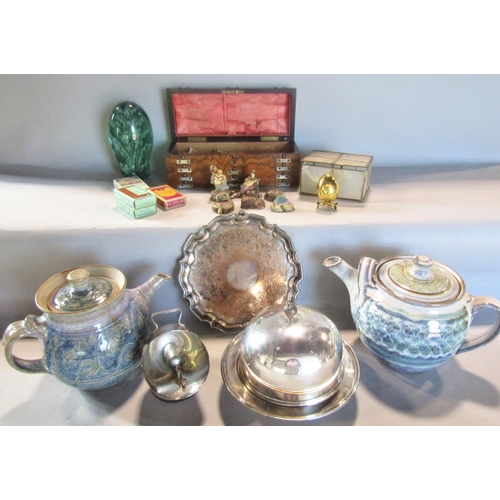 791 - A miscellaneous collection of items including two studio pottery teapots, a green glass dump, a waln... 