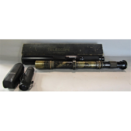 803 - A Greenkat Zoom telescope, an early 20th century brass telescope and a Tasco monocular.