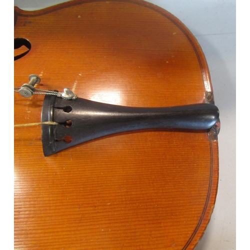 807 - A small violin, in need of restoration, bearing no interior label with a single bow and case, 55cm x... 