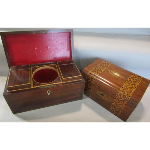 829 - A 19th century mahogany tea caddy with rosewood interior caddys lacking mixing bowl, and a Victorian... 