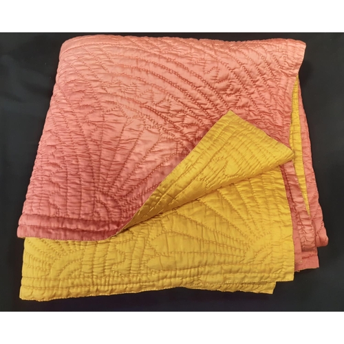 603 - Large impressive reversible quilt in pink, with mustard on other side. Quilted with flower patterns ... 