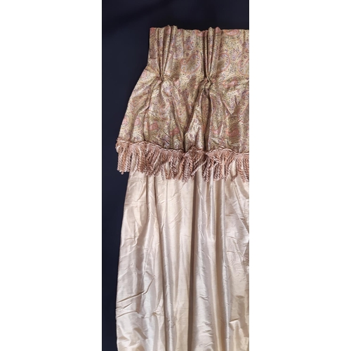 608 - 1 pair full length curtains in gold dupion silk with contrasting top border, lined and blanket lined... 