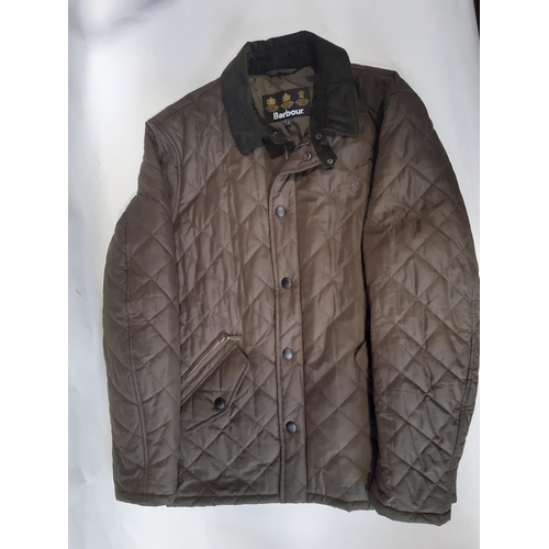 610 - Men's outdoor clothing; a Barbour quilted jacket size L, a full length oil skin look coat by Target ... 