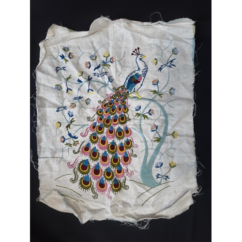 617 - Mixed box of textiles including a woollen Liberty scarf, a fringed silk shawl, an embroidered panel ... 