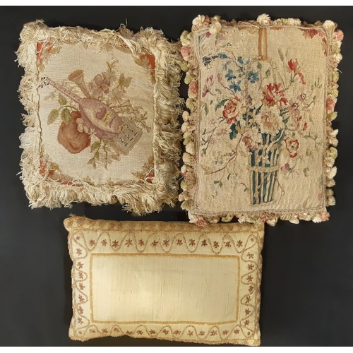 619 - 3 small cushions including 2 made with 19th century Aubusson type pictorial tapestry 35x25cm and 23x... 