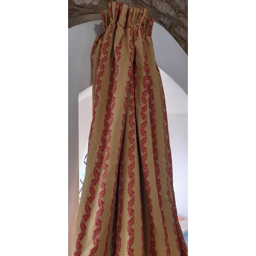 626 - One pair heavyweight curtains in gold / red colours, lined and thermal lined with triple pleat headi... 