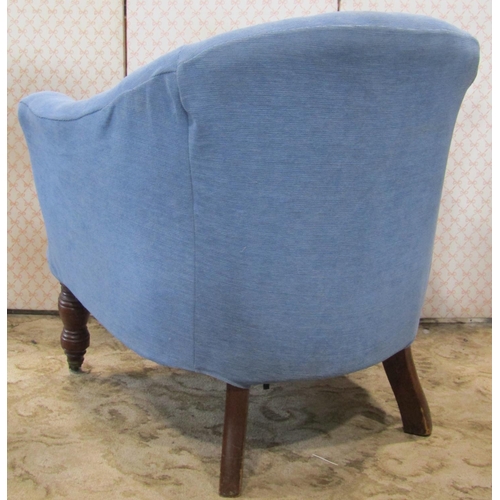 1342 - A late Victorian drawing room chair with horseshoe shaped back, light blue upholstered with addition... 