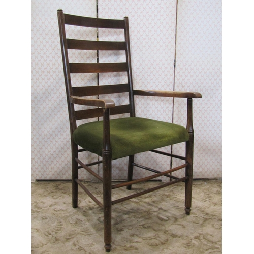 1355 - A pair of Arts & Crafts style ladderback open armchairs with green dralon upholstered seats raised o... 