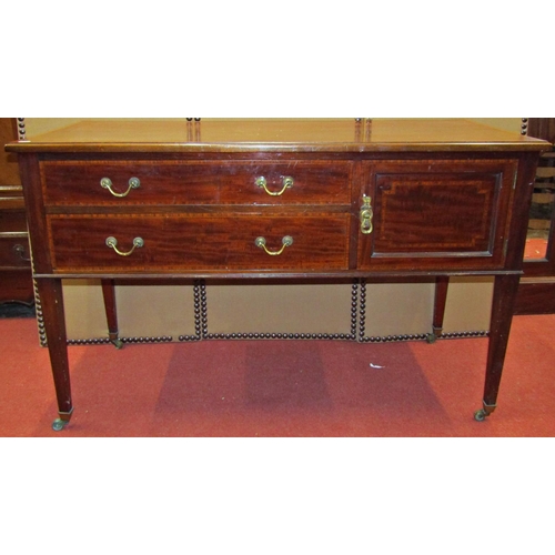 1577 - An inlaid Edwardian mahogany side table fitted with two frieze drawers and cupboard, raised on squar... 