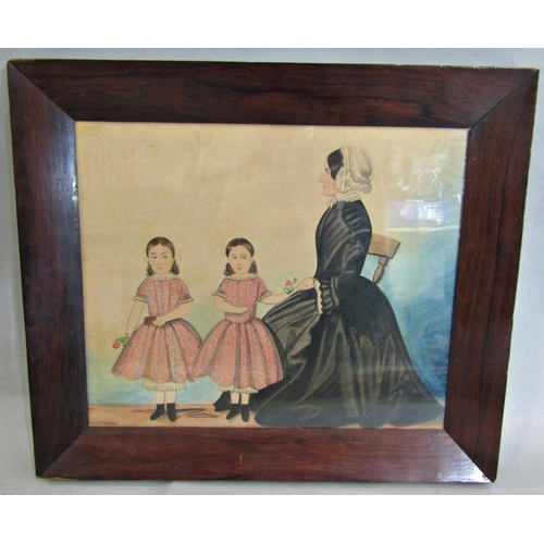 974 - Mother With Two Girls (Primitive, American School, 19th century), watercolour and pencil on paper, '... 