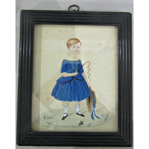 977 - Girl in Blue Dress (Primitive, American School, early 19th century), watercolour on paper, 11 x 9 cm... 