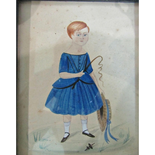 977 - Girl in Blue Dress (Primitive, American School, early 19th century), watercolour on paper, 11 x 9 cm... 