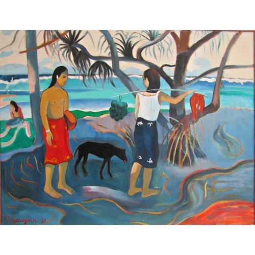 990 - After Paul Gauguin (1848-1903) - 'Under the Pandanns (Marquesas Ilses)' oil on board, bears signatur... 