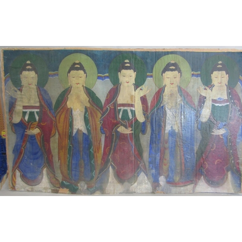 996 - Five Buddhas (possibly Korean), polychrome/gouache on silk with faint gilt border,  121 x 74 cm, car... 