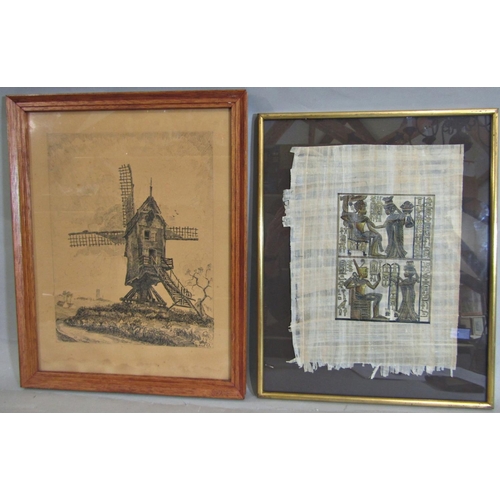 997 - Twelve framed works to include: ancient Egyptian style gilt and ink painting, 25 x 33 cm; pen on pap... 