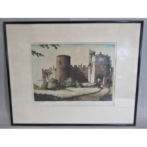 999 - Five framed prints to include: 'Manorbier Castle', etching in colours, indistinctly signed lower rig... 