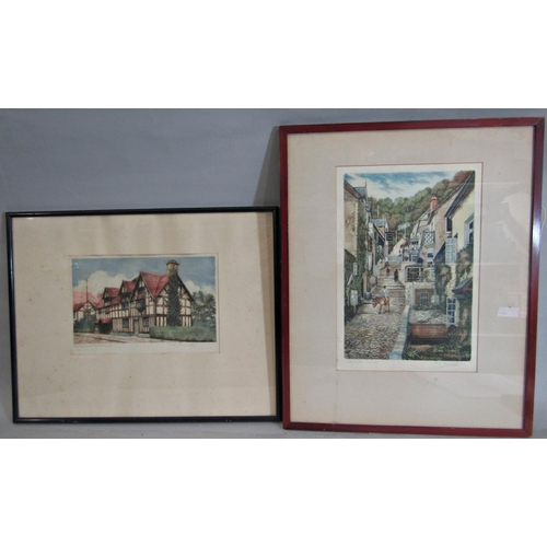 999 - Five framed prints to include: 'Manorbier Castle', etching in colours, indistinctly signed lower rig... 