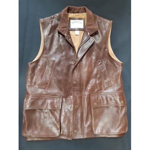 621 - A large collection of men's outdoor clothing including 4 waistcoats/gillets by Orvis in leather and ... 