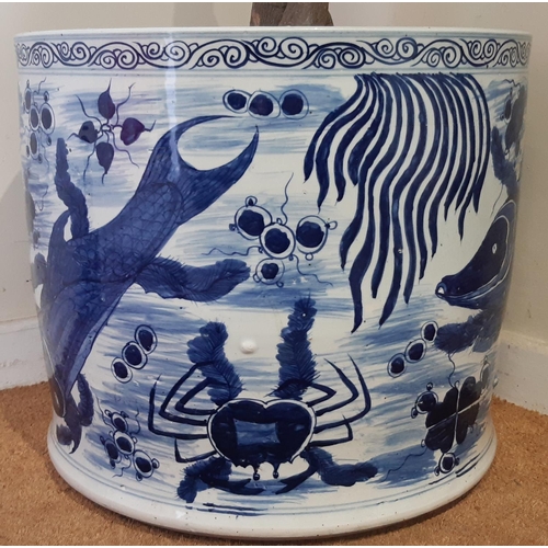 72a - A Chinese blue and white jardinière or planter with hand painted detail of carp and crustaceans, etc... 