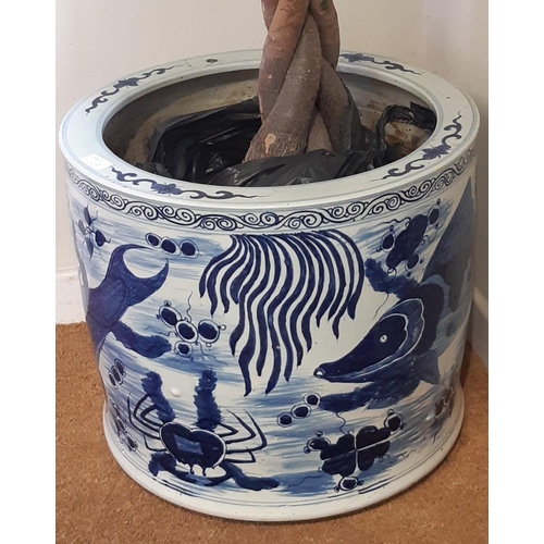 72a - A Chinese blue and white jardinière or planter with hand painted detail of carp and crustaceans, etc... 