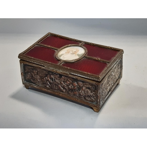 822 - A 19th century jewellery box with quarter red enamelled lid with a central oval miniature of a woman... 