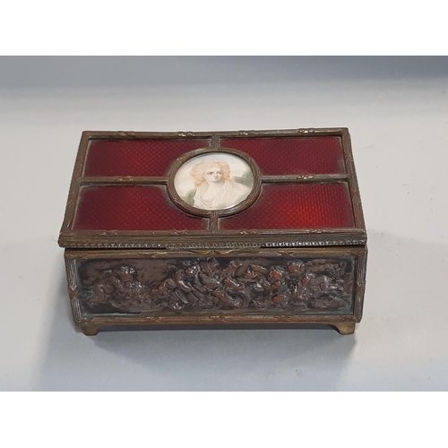 822 - A 19th century jewellery box with quarter red enamelled lid with a central oval miniature of a woman... 