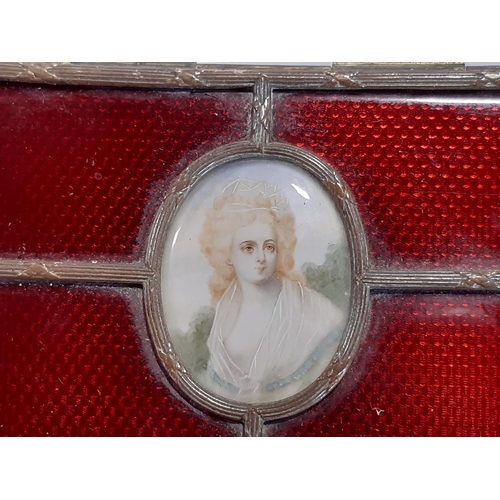 822 - A 19th century jewellery box with quarter red enamelled lid with a central oval miniature of a woman... 