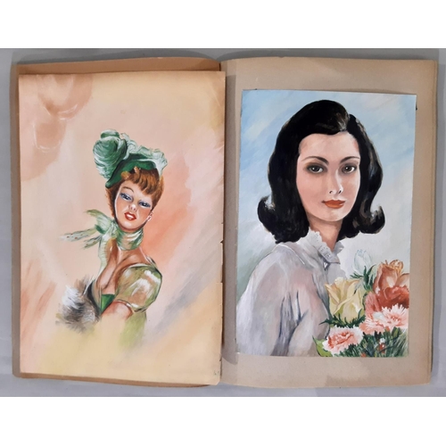 921 - Early-mid 20th century album/sketchbook containing a number of watercolour studies of actresses, lan... 