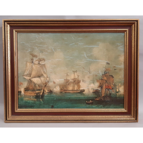 958 - Two framed oleograph prints of naval scenes; together with; Anthony Harper - oil on board, signed an... 