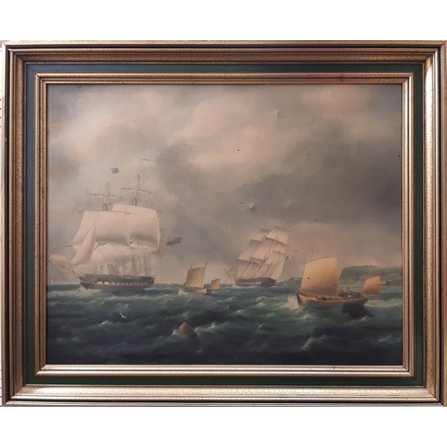 958 - Two framed oleograph prints of naval scenes; together with; Anthony Harper - oil on board, signed an... 