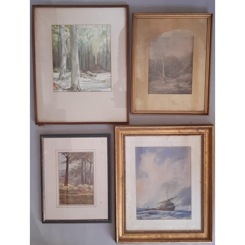 963 - Three framed watercolours and one print to include: Woodland scene, signed 'Johnson' lower right, wa... 