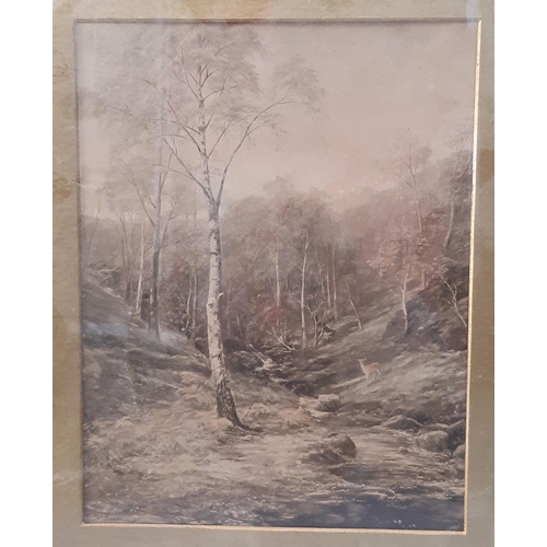 963 - Three framed watercolours and one print to include: Woodland scene, signed 'Johnson' lower right, wa... 