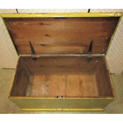 1140 - A 19th century pine blanket box with hinged lid and drop side ironwork carrying handles, (later pain... 