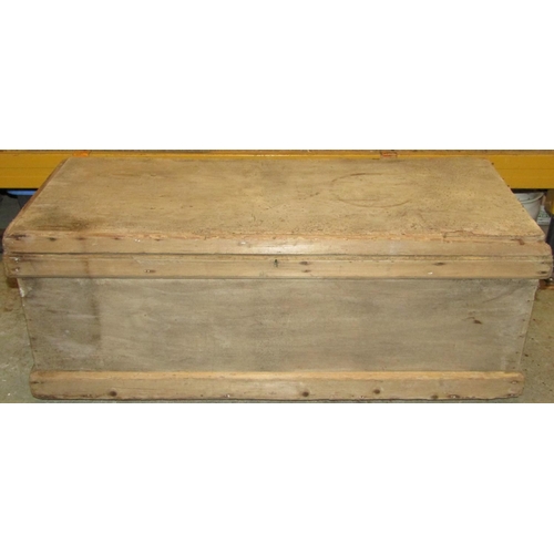 1140 - A 19th century pine blanket box with hinged lid and drop side ironwork carrying handles, (later pain... 