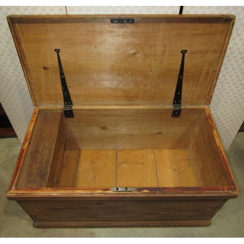 1169 - A 19th century stained pine blanket box with hinged lid, exposed dovetail construction, drop iron wo... 