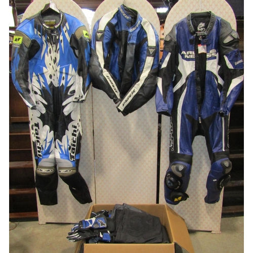 1177 - An Alpine Stars one piece leather motorbike racing suit, Euro size 54, USA 44, two further Taichi ex... 