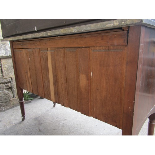 1613a - An arts and crafts walnut washstand with marble top and tiled splash back, the base enclosed by two ... 