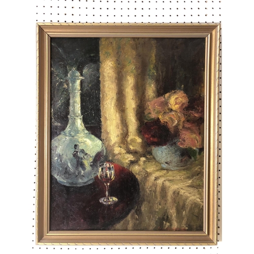 842 - Still life of wine glass, decanter and flowers (20th century), oil on canvas, indistinctly signed 'E... 