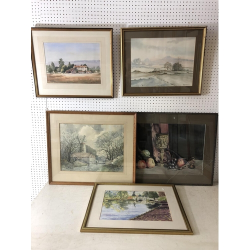 843 - Five framed watercolours on paper to include: Vernon Holmes (20th century) - 'The Goat Farm', signed... 