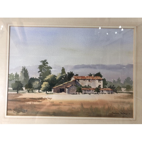 843 - Five framed watercolours on paper to include: Vernon Holmes (20th century) - 'The Goat Farm', signed... 