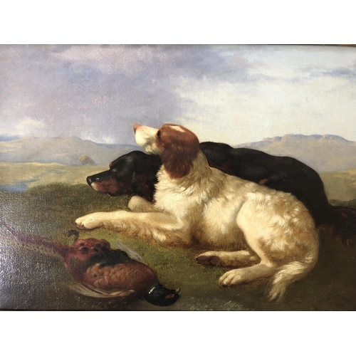 849 - William Gillard (British, act.1812-1876) - Two settlers guarding a dead pheasant, oil on canvas, sig... 