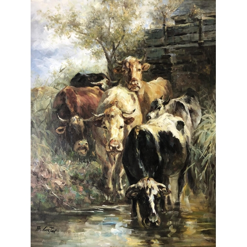 854 - B. Norton (20th century school) - Six cows approaching the water, oil on canvas, signed 'B. Norton' ... 