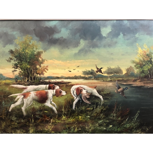 855 - Hunting scene of pointers catching mallards, oil on canvas, indistinctly signed R. K. Ligton? 70 x 1... 