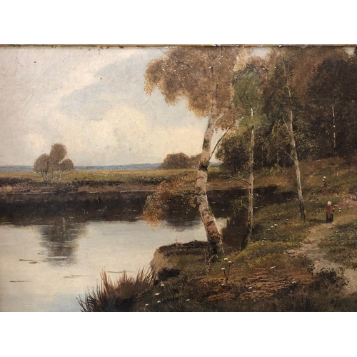 866 - Country landscape with lady walking, oil in canvas, unsigned, 26 x 36 cm, gilt framed