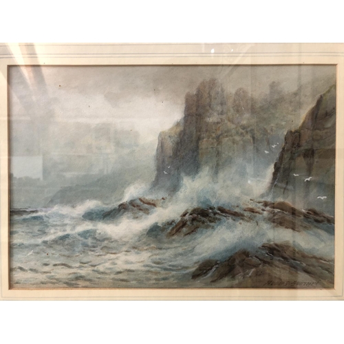 871 - Rubens Southey (1881-1933) - Rough seas crashing against cliffs, watercolour and bodycolour on paper... 